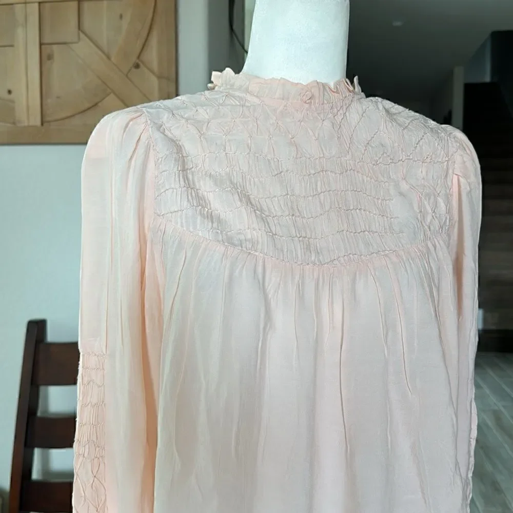 NWOT Free People Smocked In Time Top Ruffled High Neck Long Sleeves XS Feminine
